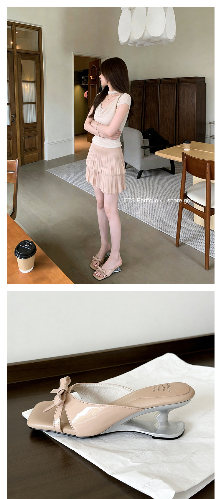 Sandal cao gót nữ mũi vuông hở ngón, đế xuồng chấm bi nơ bướm, gót 6 cm — màu đen, màu trắng ngà, màu mơ chi tiết 19
