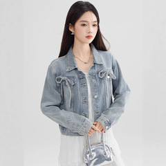 美式浅蓝色牛仔短外套女2025春秋款设计感蝴蝶结系带百搭上衣夹克