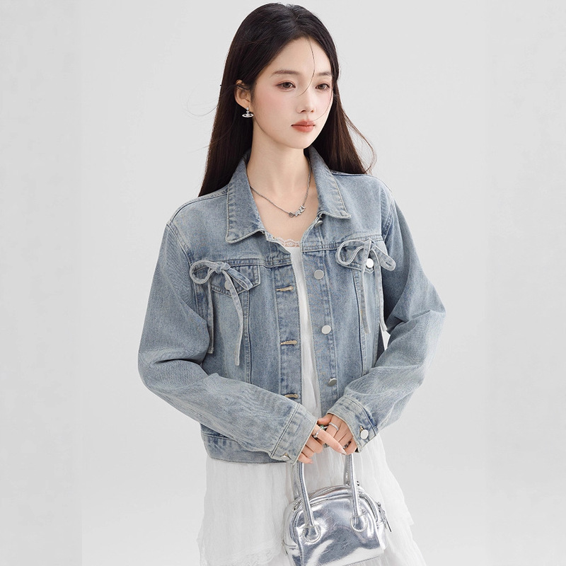 美式浅蓝色牛仔短外套女2025春秋款设计感蝴蝶结系带百搭上衣夹克|undefined
