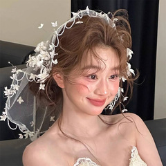 新款新娘头饰法式复古氛围感头纱白色花朵结婚礼服高级气质感发饰