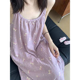 法式休闲风樱桃印花舒适吊带睡裙女夏季新款宽松柔软家居裙可外穿