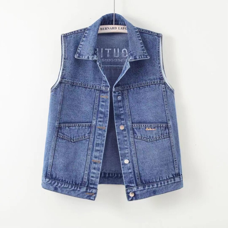 Denim Vest Women's Mid-length Korean-style Spring and Autumn New Loose Padded Embroidered Sleeveless Jacket Slim-fit Cardigan Top