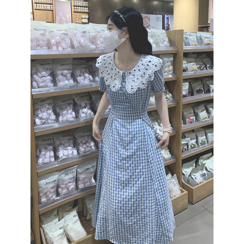 茶歇法式格子连衣裙女夏高级感娃娃领复古气质收腰温柔风初恋长裙|undefined
