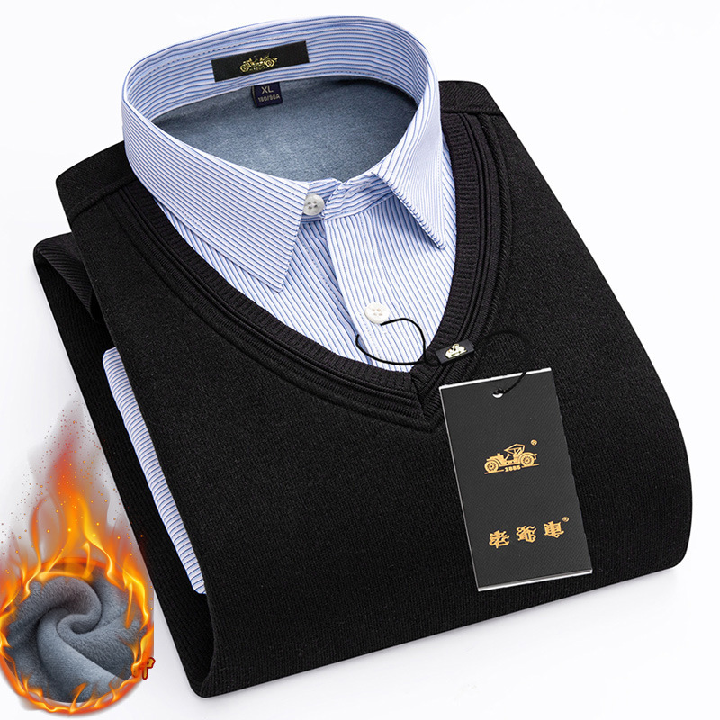 2023冬季新款男式保暖衬衫商务休闲男士拼接假二件加绒加厚衬衣男