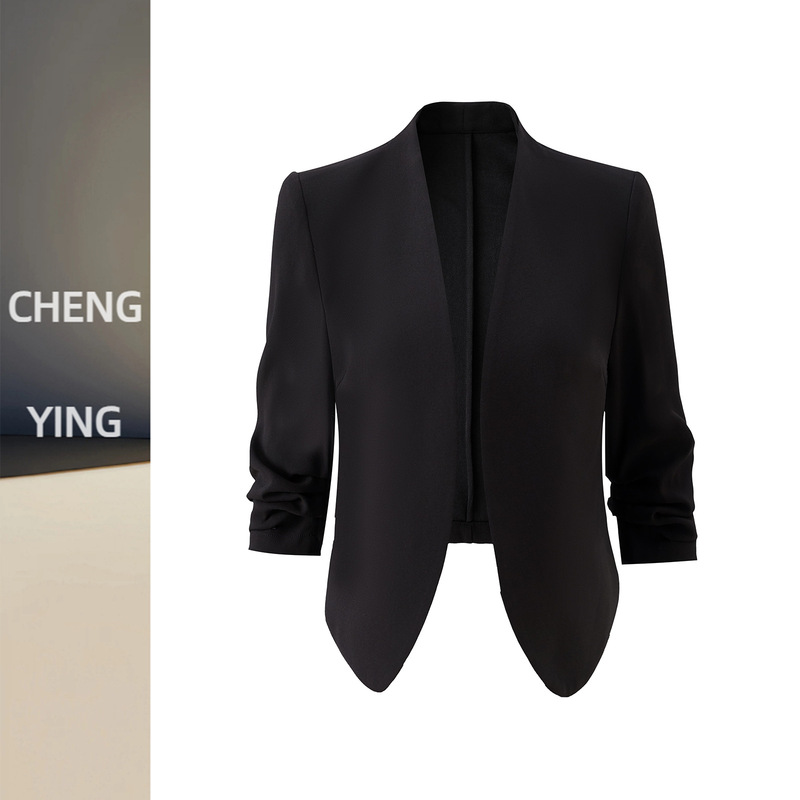 Short Suit Jacket for Women 2026, Thin Style, Collarless, Open Front, Three-Quarter Pleated Sleeves, Commuter Blazer for Women, Summer Thin Style Short Suit Jacket for Women 2026, Thin Style, Collarless, Open Front, Three-Quarter Pleated Sleeves, Commuter Blazer for Women, Summer Thin Style
