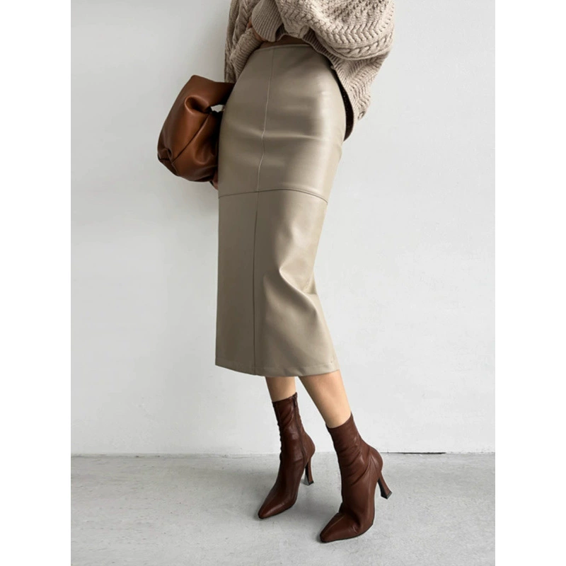 Кожаная юбка Юбка Женская весна и лето Новый темперамент Тонкая кожа средней и длинной ягодицы юбка с высокой талией и полуюбкой
