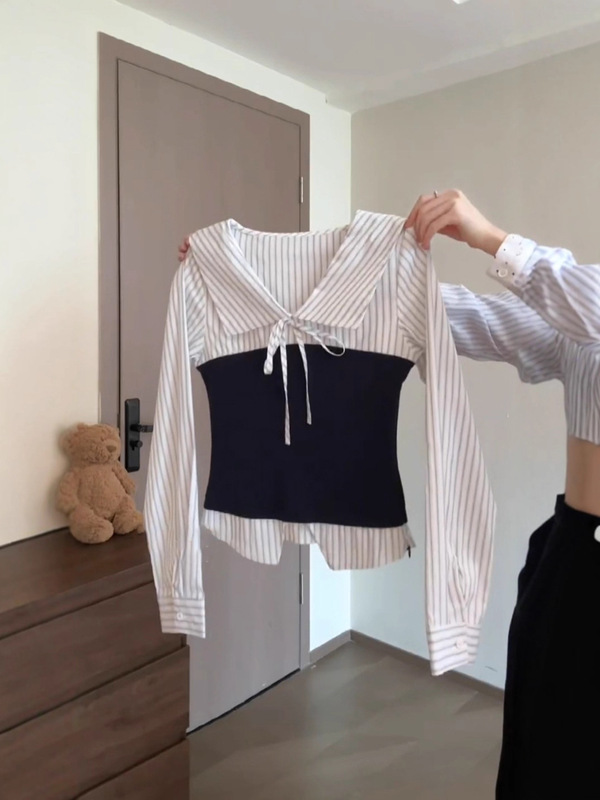 韩系条纹撞色系带翻领衬衫女秋季小众设计感别致修身显瘦长袖上衣|undefined