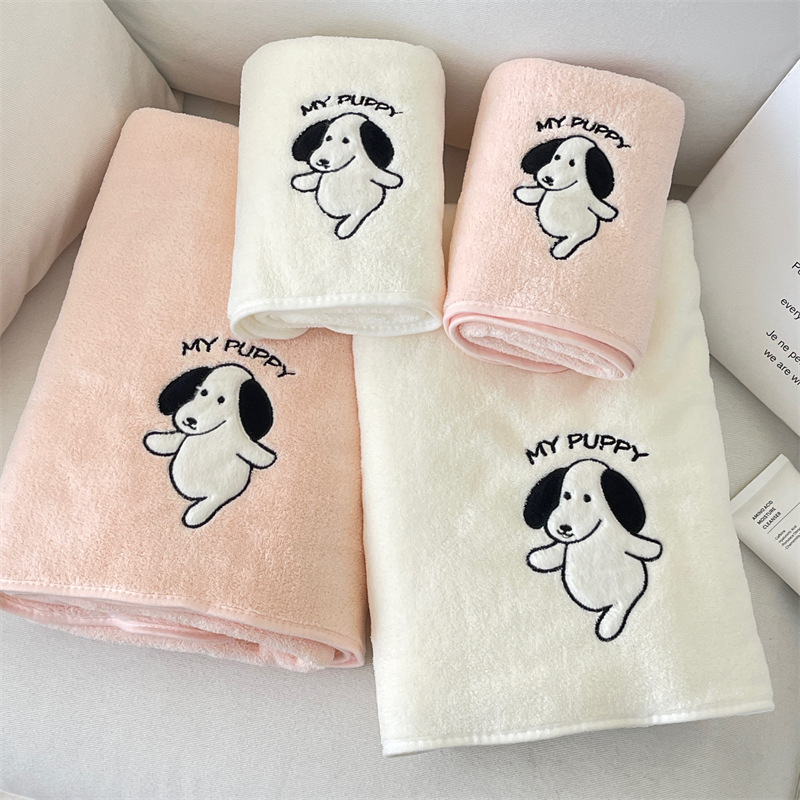 Toallas de baño encantadoras para mujeres de baño doméstico se pueden envolver bordado toallas de perro blanco sombrero de cabello seco de tres piezas conjunto de dibujos animados coreanos