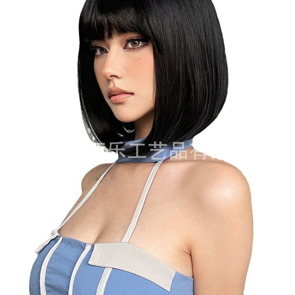 Peluca transfronteriza Qi flequillo cabeza de onda negra bobo pelo corto natural diario filamento químico fabricante spot wigs