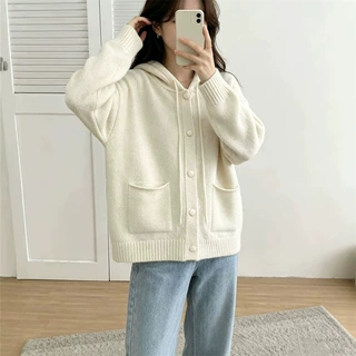 韩系简约连帽双口袋针织开衫女秋冬新款宽松百搭软糯毛衣外套上衣