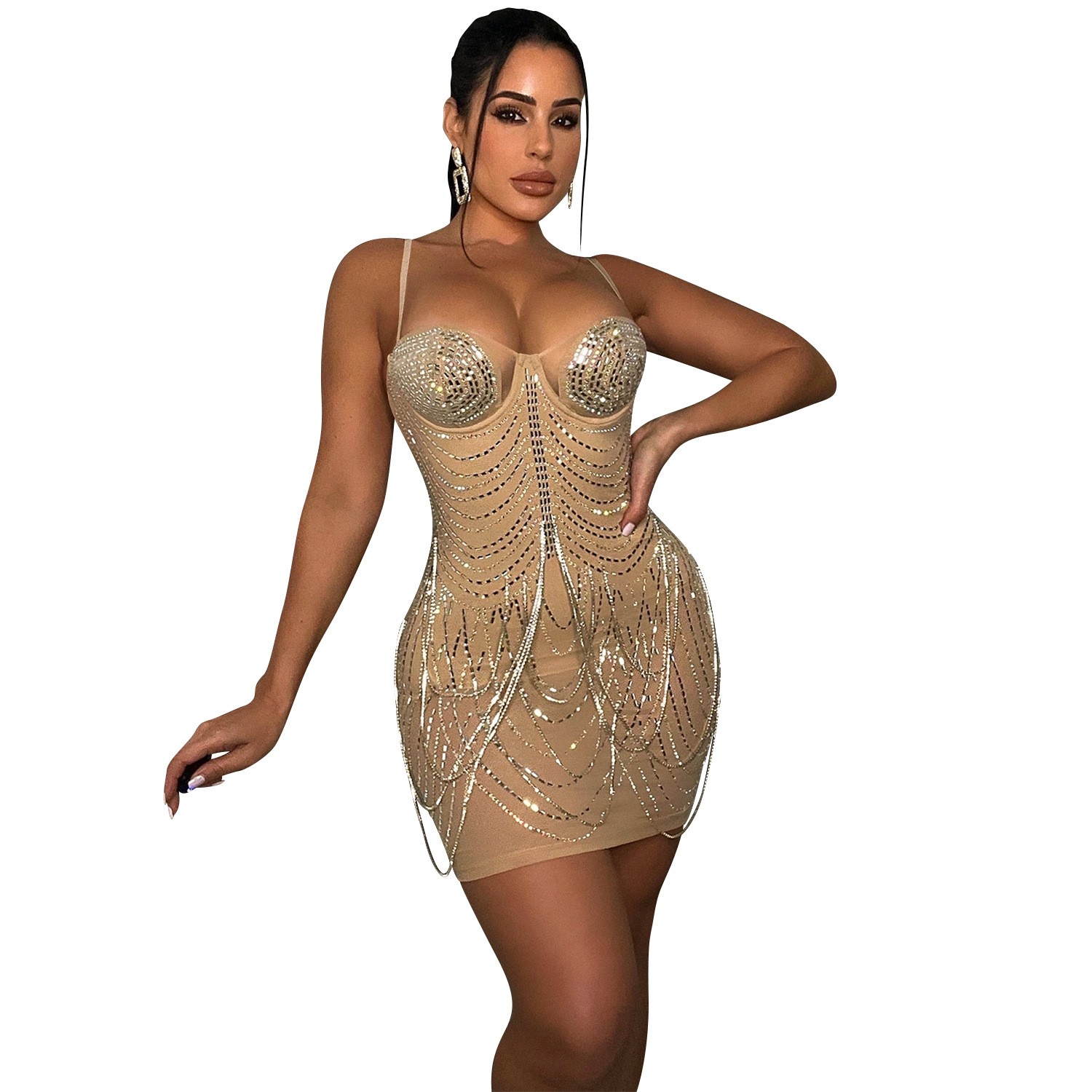 C5868 moda europea y americana nueva AliExpress Amazon sexy discoteca caliente rhinestone perspectiva Sling vestido ropa de las mujeres