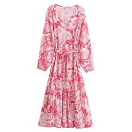 2025春跨境欧美女装人棉印花波西米亚度假风腰带连衣裙 8890