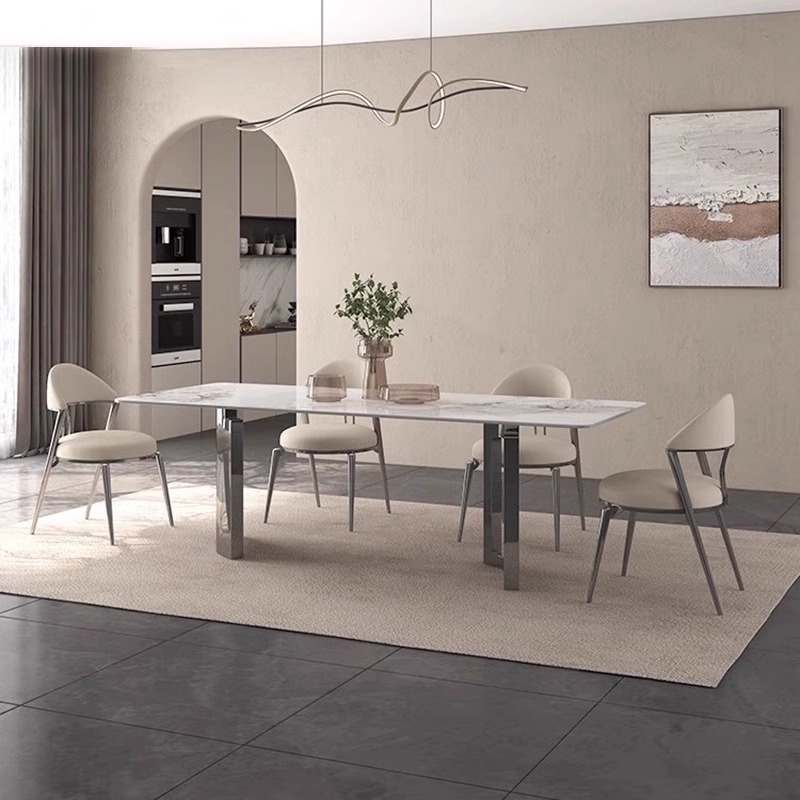 Luz de acero inoxidable de lujo Placa de roca mesa de comedor moderno minimalista italiano de alta gama restaurante Villa mesa de comedor diseño personalizado nuevo