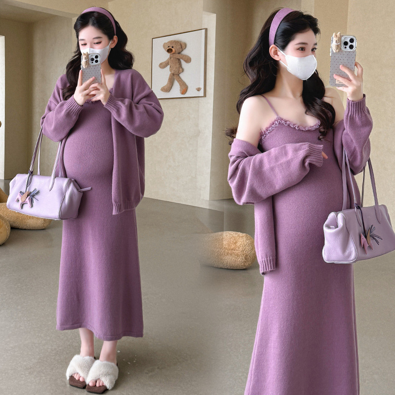 孕妇连衣裙秋装潮妈新款孕期高级感穿搭秋冬法式花边吊带裙两件套|undefined