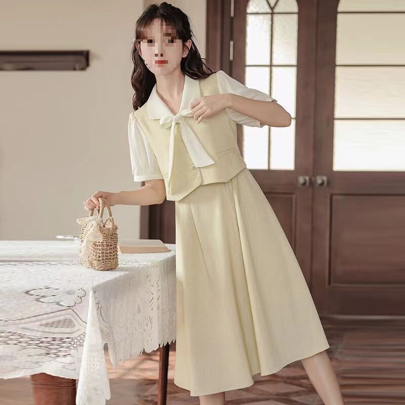 Tea Date French-Style Interview Long Dress Pastoral Formal Elegant Women's Short-Sleeve Two-Piece Dress for Female Occasions Tea Date French-Style Interview Long Dress Pastoral Formal Elegant Women's Short-Sleeve Two-Piece Dress for Female Occasions