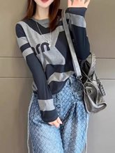 美式棉撞色正肩长袖t恤打底衫女早秋大码胖mm圆领修身显瘦上衣