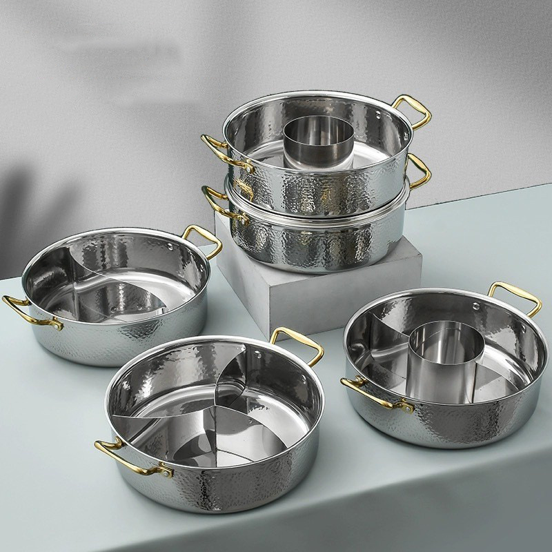 304 Stainless Steel Hammered Hot Pot for Coconut Chicken, Three-Compartment and Four-Compartment Mother Duck Hot Pot for Induction Cooker and Gas Stove Use 304 Stainless Steel Hammered Hot Pot for Coconut Chicken, Three-Compartment and Four-Compartment Mother Duck Hot Pot for Induction Cooker and Gas Stove Use