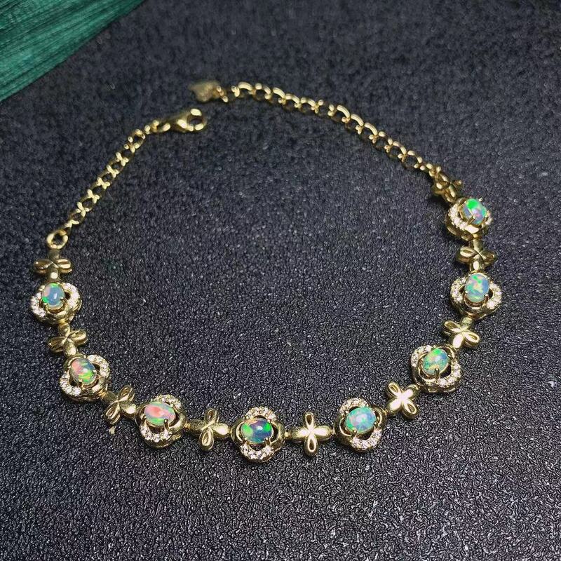 One-Piece Drop-Shipping European and American Style Natural Opal Bracelet with Good Fire Color, 925 Silver Electroplated with 18K Gold Color Gemstone Bracelet