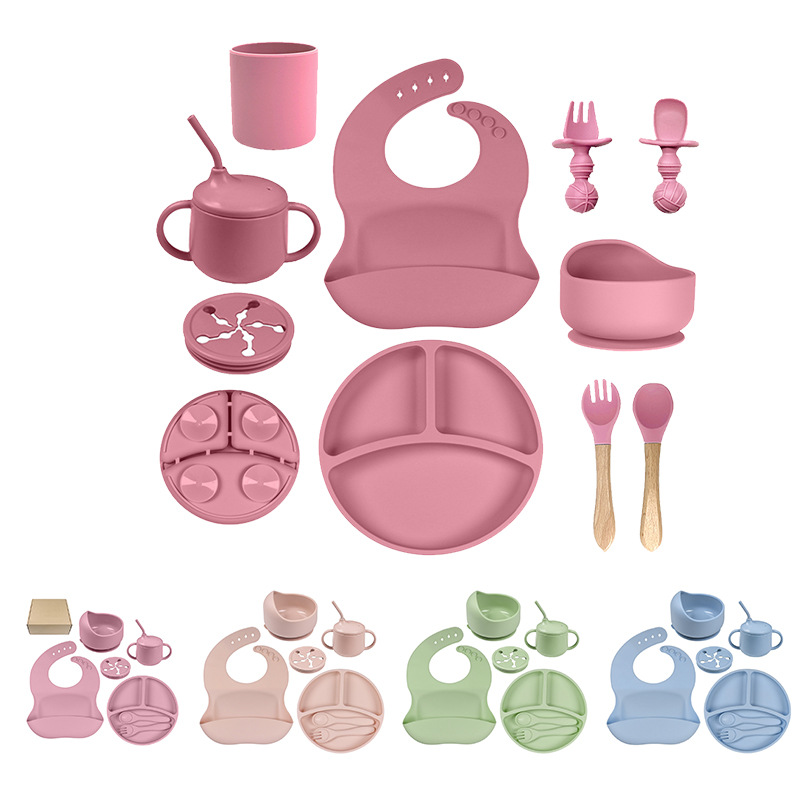 Bebé de silicona plato bebé ventosa compartimento tazón tenedor cuchara babero auto-alimentación niños suplemento alimenticio traje vajilla