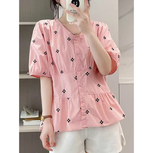 Korean Loose Elegant Collar Short Sleeve Shirt for Women 2025 Summer Slimming Waist Tunic with Fresh and Clean Embroidery Top