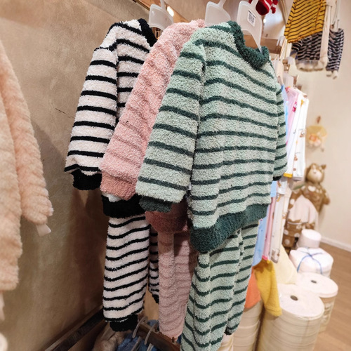 Children's Homecoming Dress Thick Winter Korean Style One-Sided Fleece Pajama Set for Big Kids, Unisex Two-Piece Set