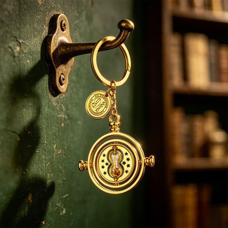 Harry Potter-themed time-shifter keychain, copper plated with real gold, hourglass design, rotatable bag key pendant