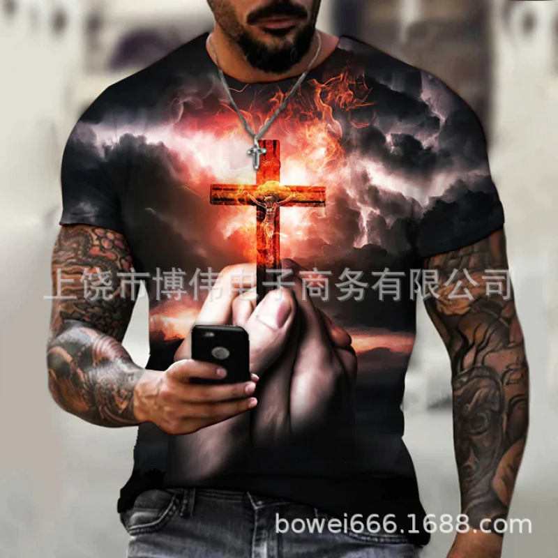 ヨーロッパとアメリカの人気のメンズラウンドネックTシャツ3Dプリントクロスパターン通気性と軽量メンズカジュアルハイストリート半袖|undefined