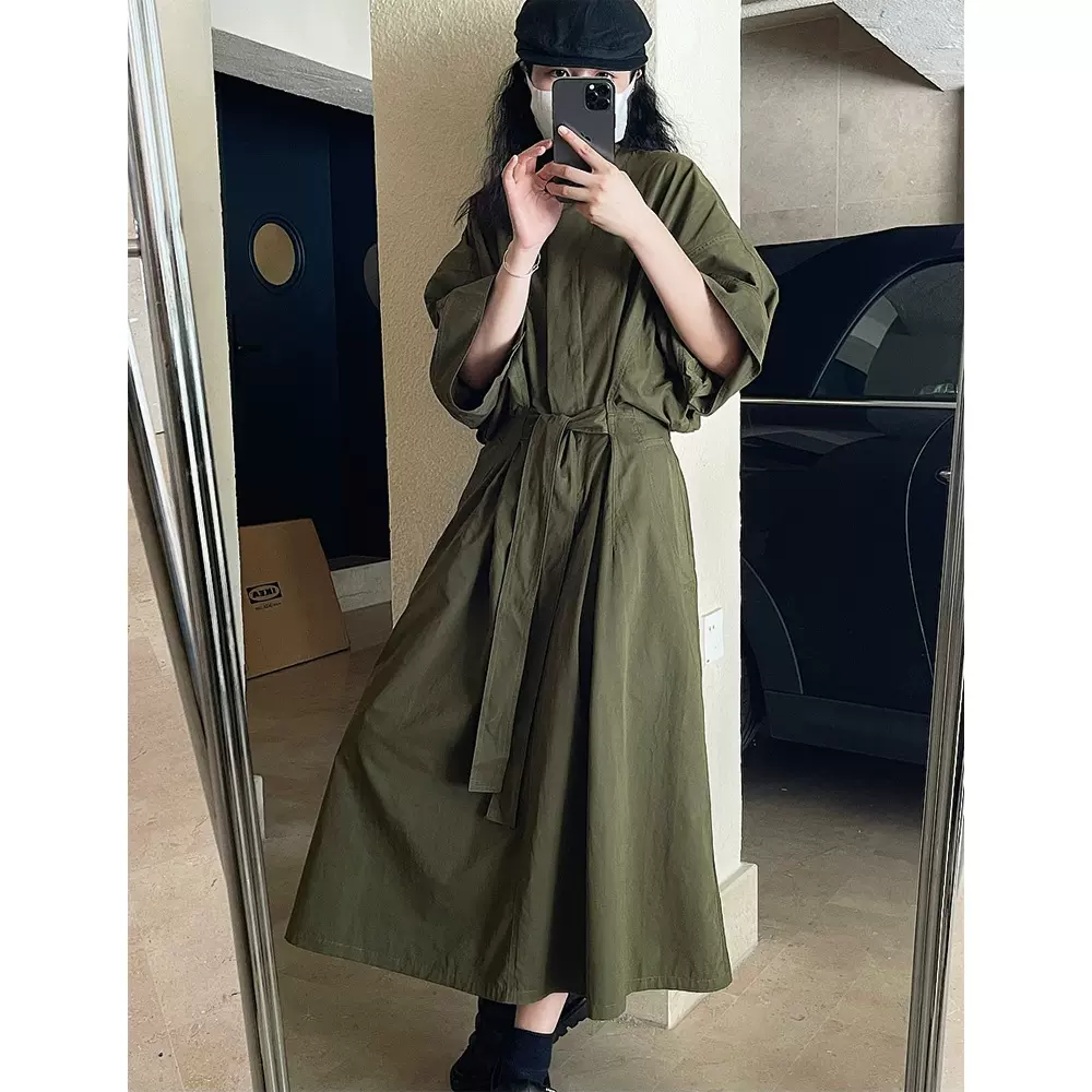 卢浮新款文艺复古设计感衬衫裙宽松廓形系带收腰中袖显瘦连衣裙女