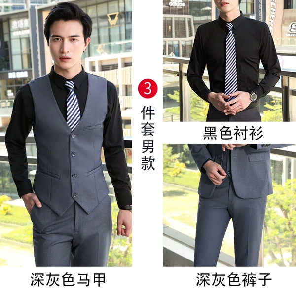 [Men] Gray vest+black shirt+gray pants
