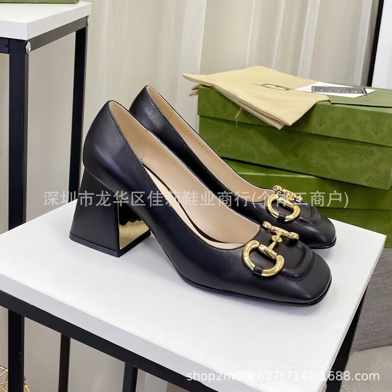 In-Stock g Brand Horsebit Chunky Heel Mary Jane Shoes 2025 New Fashion Light Luxury Metal Heel Square Toe High Heel Sandals