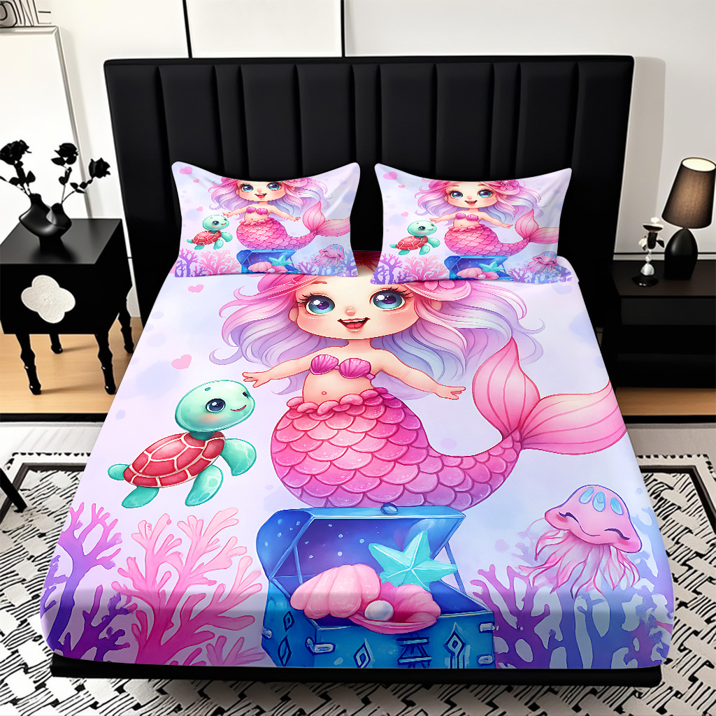 Modo JIT Temu serie de dibujos animados de sirena textil doméstico impresión digital cama de cama de cama kit fábrica de procesamiento