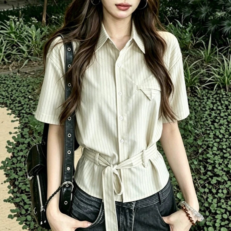 Striped Short-Sleeved Shirt for Women, Summer Loose Fit, 2026 New Style, Unique Design, Chic Turn-Down Collar, Textured Shirt Striped Short-Sleeved Shirt for Women, Summer Loose Fit, 2026 New Style, Unique Design, Chic Turn-Down Collar, Textured Shirt