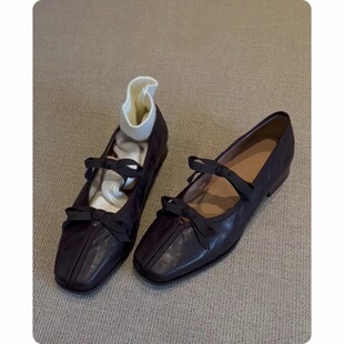 Ready Stock~Genuine Leather French Ballet Shoes for Women with Soft Soles and Skirts, Retro Mary Jane Shoes, Bow Flats Shoes