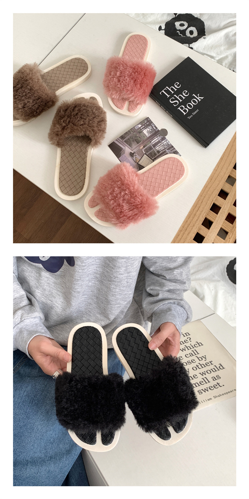Nouvelles filles en coton décontractées à la mode, une ligne antidérapante et résistante à l'usure, pantoufles en peluche à fond plat pour_voghion.com