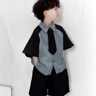 Boys' Shirt Set 2025 New Korean Version Summer Children's College Stylish Patchwork Shirt Cargo Pants Trendy