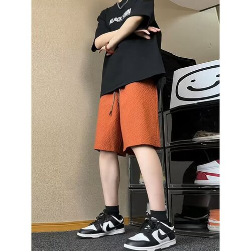 Navy blue bubble yarn 4-point shorts men's summer thin American quick-drying sweatpants but knee straight-leg medium pants