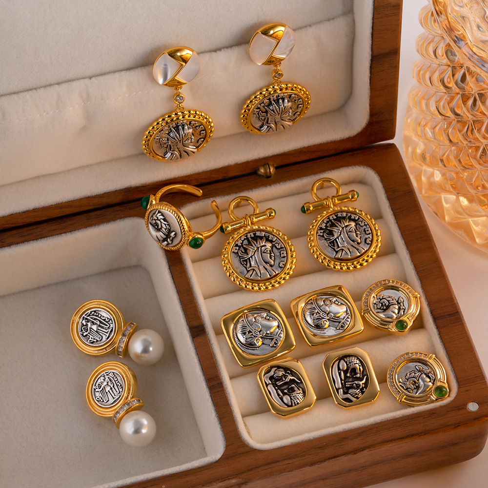 Retro Portrait Copper Inlay Artificial Pearls Zircon Drop Earrings Ear Studs