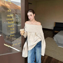 秋冬氛围感一字肩毛衣女露肩美学系列法式镂空套头针织衫大码女装