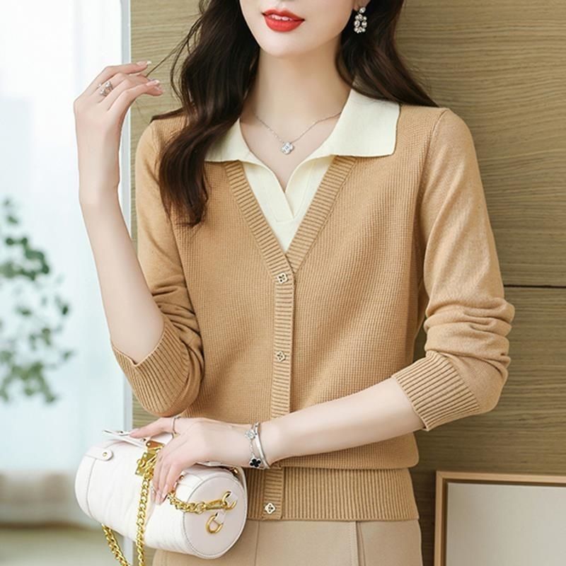 Falsas dos piezas de polo de cuello jersey suéter de mujer otoño y invierno nuevo color de alto grado caliente coreano corto top