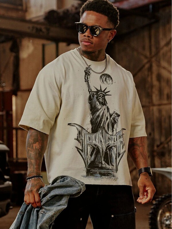 Youngla American Retro Men's Oversized T-Shirt Street Hip-Hop Loose Short-Sleeved Jogger Sports Fitness T-Shirt