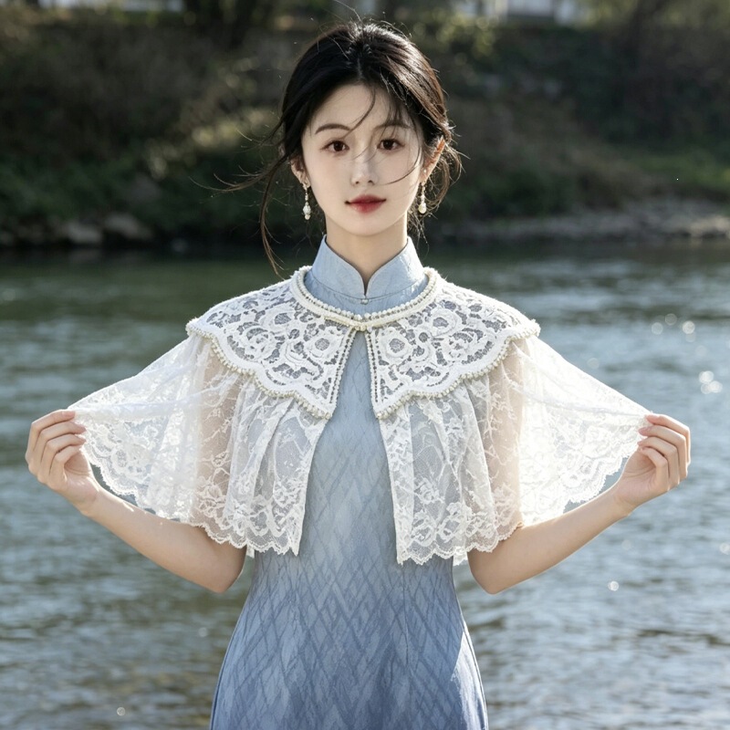 Chinese-Style Versatile Lace Tassel Cloud Shoulder Shawl, Hanfu Ancient Style Retro Improved National Style Pearl Pendant Chinese-Style Versatile Lace Tassel Cloud Shoulder Shawl, Hanfu Ancient Style Retro Improved National Style Pearl Pendant