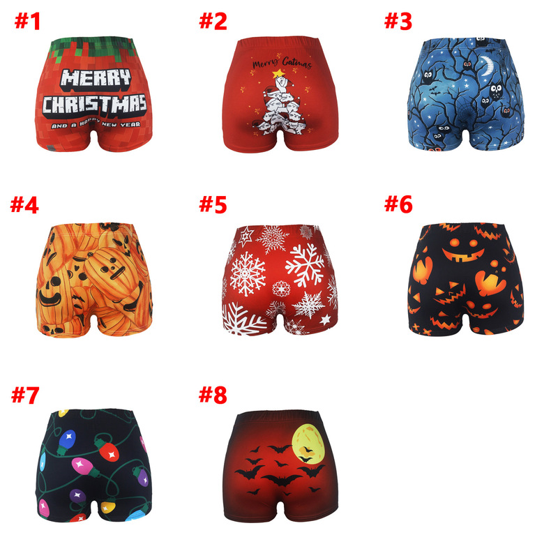 D9865 Amazon Best Selling European and American Clothing Sexy Women's Tight Shorts Christmas Printed Shorts Yoga Pants