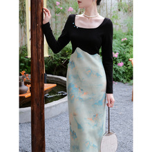 鹿与玫瑰新中式国风长袖连衣裙气质显瘦设计高级法式复古收腰长裙