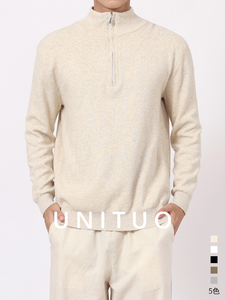 Otoño y invierno para hombres cuello alto con camiseta de lana ligera de lujo de alto nivel de sensación de ocio cálido de manga larga suéter de medio cremallera