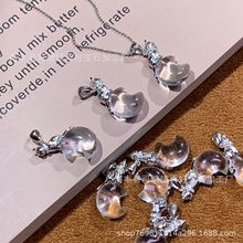 天然白水晶月亮立体猫吊坠S925银镶嵌锁骨链时尚百搭礼物女批发