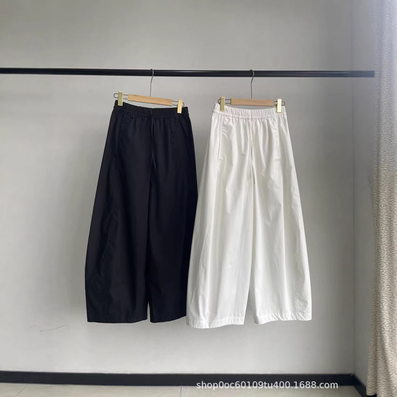 26 Spring New Style Casual Fit Simple Barrel-Shaped Drawstring Elastic Waistband Drapey Pure Cotton Wide-Leg Two-Color Long Pants for Women