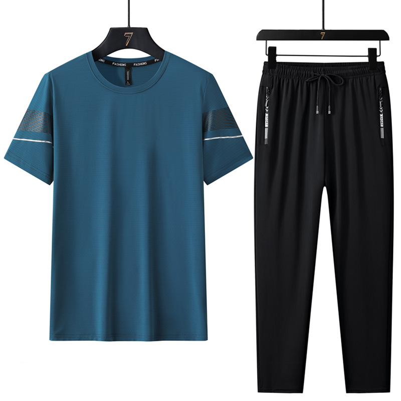 Trajes deportivos de seda de hielo de verano para hombres, mangas cortas, pantalones cortos, pantalones largos, carreras casuales, secado rápido, delgado, conjunto de tres piezas al por mayor