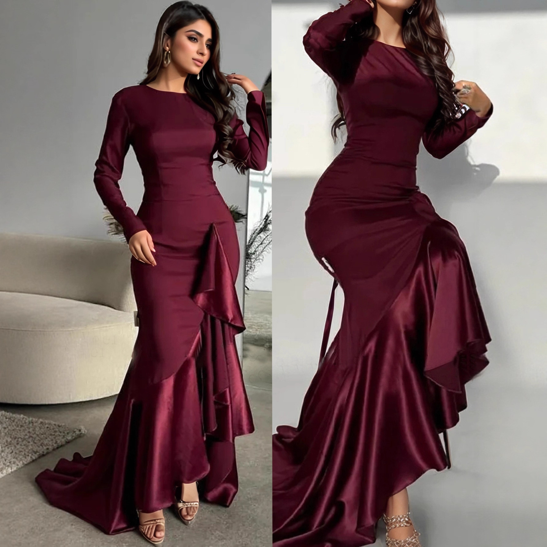 European and American Foreign Trade Autumn and Winter Cross-Border Women's Clothing Amazon Personality Long-Sleeved Fishtail Skirt Burgundy Dress Clothing