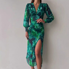 跨境欧美夏秋季新款V领开叉裙气质收腰优雅长裙绿色印花连衣裙