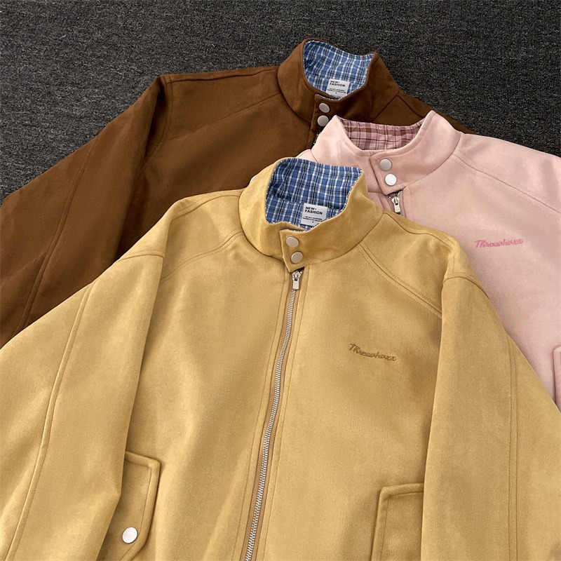 2025 American Retro Plaid Splicing Suede Jacket Women's Autum Street Fashion Brand Loose Casual Jacket Top